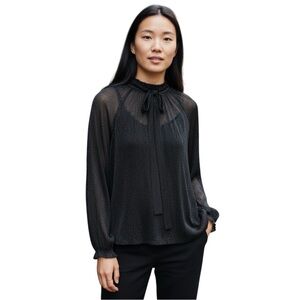 Zara Semi Sheer Metallic Black Long Sleeve Blouse with Tie Neck size Large